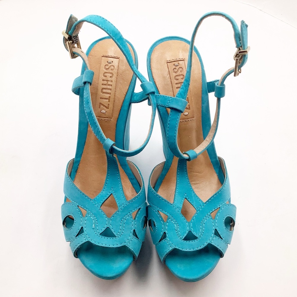{SCHUTZ} Turquoise Leather Wedge Sandals
